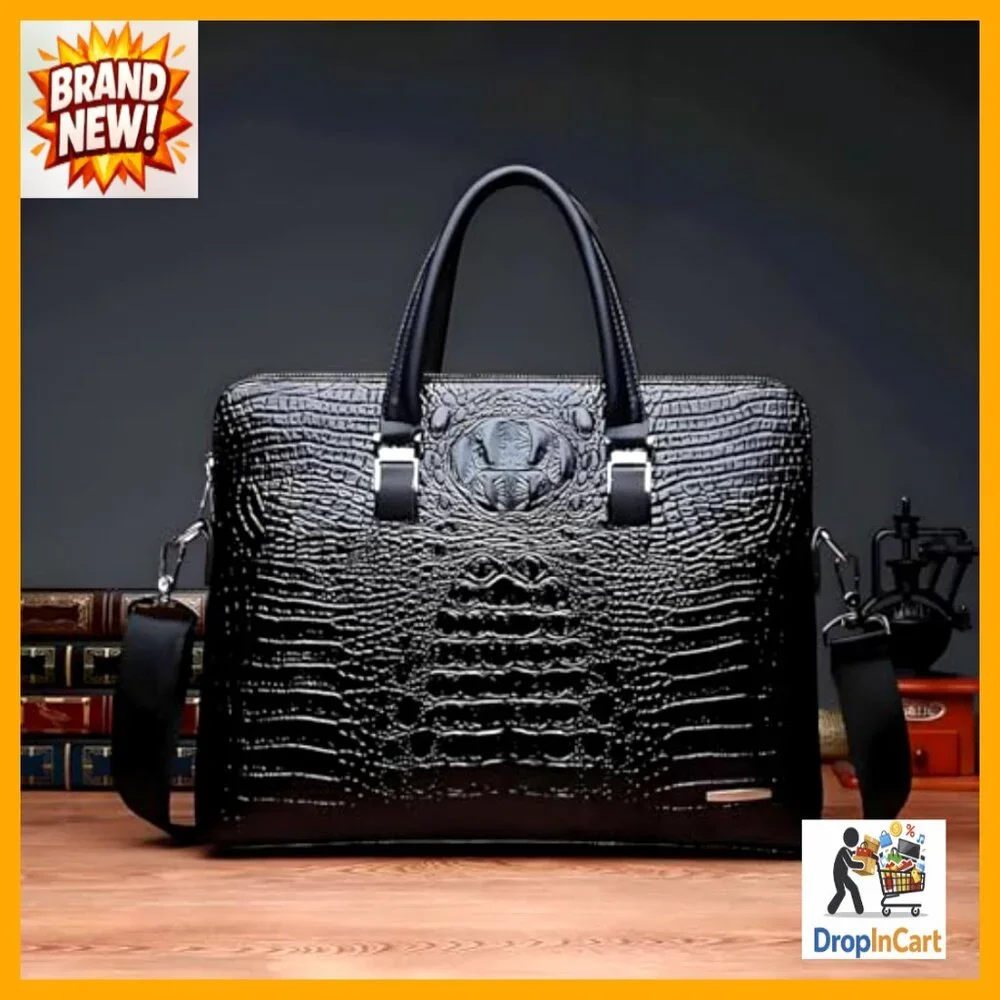 Leather Business Briefcase Classic Crocodile Pattern Handmade Shoulder Bag